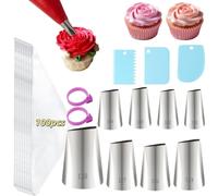 LLMSIX Lot de 8 poches à douille et embouts en forme de pétale, 100 poches à glaçage, 3 grattoirs à gâteau, 2 attaches de poche à pâtisserie, embout de glaçage rose pour roses, nœuds, volants