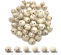 LLMtn Lot de 60 Perles en Bois avec 6 Styles de Visage, Perles en Bois de 2 CM avec Trou - Accessoires Vers de Soucis, Perles en Bois à Enfiler, Perles Rondes en Bois pour Bricolage et Décorations