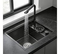 LLNWDNB Évier de Cuisine 1 Bac en Acier INOX avec Robinet Extractible 60 cm Joint de Pression Evier Cuisine Multifonction Lavabo Cuisine Couvercle Dissimulé Accessoires Divers A,45 * 38cm