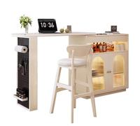 LLNWDNB Table de Bar Extensible avec Espace de Rangement Table Bar Cuisine Pivotant a 360° 2 Porte en Verre et Panneau Perforé Compartiment Ouvert Comptoir de Cuisine A