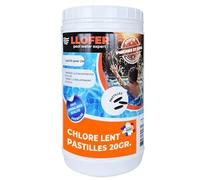 Llofer - Chlore Lent Pastilles 20g Piscine et Spa, 90% Actif - Boite 1kg Désinfection Durable - Eau Claire et Saine,Chlore Permanent