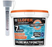 LLOFER - Pack Chlore Multifonction Piscine 7 Actions 5 kg + Thermomètre Piscine Inclus - Galets 250 g - 92% Chlore Actif - Désinfection Longue Durée - Fabriqué en Europe