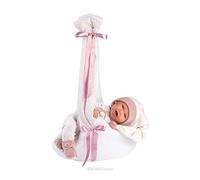 Llorens 1074006 Poupée bébé avec Yeux Bleus et Corps Souple avec Tenue Rose avec Bonnet à Pointe, tétine, Attache-tétine et Berceau Suspendu 42 cm