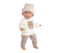 Llorens Hayley 1035002 Poupée aux Yeux Bleus et Corps Doux avec Sweat-Shirt à Motif Ours, Pantalon et Bonnet Marron, 35 cm