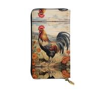 LLOTPQ Portefeuille en cuir imprimé nid d'abeille Bee On - Pochette fine et élégante - Design léger - Long portefeuille à deux volets avec poche pour pièces de monnaie, Coq sur bois dans la ferme