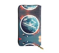 LLOTPQ Portefeuille en cuir imprimé plage hawaïenne avec palmiers - Pochette fine et élégante - Design léger - Long portefeuille à deux volets avec poche pour pièces de monnaie, Space Planet Earth