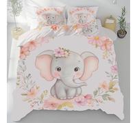 LLponhg Éléphant Aquarelle Housse de Couette Fleurs De Dessin Animé Douce et Respirante, Parure de Lit Mignon Éléphant 220x240 cm avec Fermeture Éclair, 2 Personnes 2 Taies d'oreiller 65x65 cm