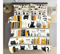 LLponhg Housse de Couette 90x190 Amoureux des Animaux Chat Parure de Lit avec 1 Taies d'oreiller 65x65cm Bibliothèque Livre Housse de Couette Douce et Respirante de Filles et Garçons