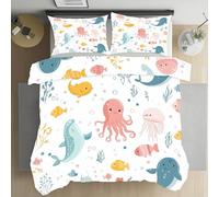 LLponhg Housse de Couette 90x190 Baleine Parure de Lit avec 1 Taies d'oreiller 65x65cm Coraux Océaniques Housse de Couette Douce et Respirante Chambres de Filles et Garçons Décor