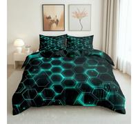 LLponhg Housse de Couette 90x190 Moderne Hexagone Parure de Lit avec 1 Taies d'oreiller 65x65cm Géométrique Polygone Housse de Couette Douce et Respirante Chambres de Filles et Garçons Cyberpunk Néon