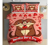 LLponhg Housse de Couette Loutre Couple Cœur Amour 3 Pièces, Douce et Respirante, Parure de Lit Romantique Saint Valentin 220x240 cm avec Fermeture Éclair, 2 Personnes 2 Taies d'oreiller 65x65 cm