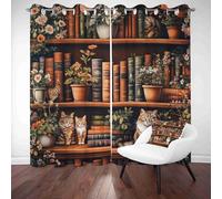 LLponhg Lot de 2 Rideaux Occultants Animal Chat Panneaux Isolants Thermiques Anti-Bruit Floral Étagère Polyester Rideaux de Porte pour Chambre, Salon Moderne, 117 x 229 cm