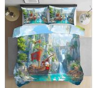 LLponhg Parure de Lit 220x220 Bateau Pirate Fantaisie Housse de Couette 3 Pièces Douce et Respirante Paysage Naturel Cascade Parure de Lit avec Fermeture Éclair,2 Taies d'oreiller 65x65cm