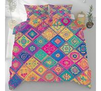 LLponhg Patchwork Indien Housse de Couette Motif Carré 3 Pièces, Douce et Respirante, Parure de Lit Style Bohème 220x240 cm avec Fermeture Éclair, 2 Personnes 2 Taies d'oreiller 65x65 cm