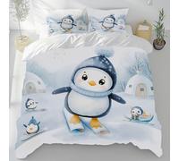 LLponhg Pingouin De Dessin Animé Mignon Parure de Lit Scène De Neige Blanche Enfant Ado, Douce et Respirante Housse de Couette Pingouin Imprimé Animal 140x200cm avec Fermeture Éclair