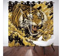 LLponhg Rideau Occultant à Oeillets Animaux Sauvages Tigre Lot de 2 Rideaux Thermique et Isolant Phonique Style Indien Fauve Idéal pour la Décoration de Salon, Chambre à Coucher, 110 x 215cm