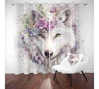 LLponhg Rideau Occultant Thermique Animaux Loup 2 Pièces Rideaux Opaque 3D Anti Chaleur et Froid Aquarelle Couronne de Fleurs Décoration de Fenêtre Isolation Acoustique pour Salon 91.5 x 214cm