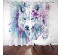 LLponhg Rideaux de Salon 3D Motif Animaux Loup Rideau Occultant Thermique et Opaque Réduction du Bruit Aquarelle Fleur Lot de 2 Panneaux à Oeillets pour Fenêtre Maison, 140 x 245cm