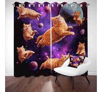 LLponhg Rideaux de Salon 3D Motif Espace Chat Rideau Occultant et Opaque Réduction du Bruit Fantaisie Galaxie Lot de 2 Panneaux à Oeillets pour Fenêtre Maison, 140 x 245cm