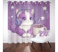 LLponhg Rideaux de Salon 3D Motif Portrait de Chat Cartoon Rideau Occultant Thermique et Opaque Réduction du Bruit Arrière Plan Étoilé Lot de 2 Panneaux à Oeillets pour Fenêtre Maison, 140 x 245cm