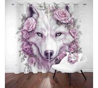 LLponhg Rideaux Occultants Enfant Animaux Loup Rideau Thermique Isolant Floral Rose Tenture Murale pour Chambre Garçon Fille, Salon Polyester à Oeillets 2 Panneaux, 117 x 138cm