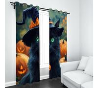 LLponhg Rideaux Occultants Halloween Chat Noir Lot de 2 Panneaux Isolant Thermique et Phonique à Oeillets Effrayant Citrouille Rideau Décoratif pour Chambre Enfant, Salon, Porte, 70 x 160cm