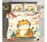 LLponhg Tigre de Dessin animé Housse de Couette Paysage Naturel Fleur de Prunier Rouge 200x200 avec 2 Taies d'oreiller 65x65, Parure de Lit Tigre Animal Peint Douce et Respirante, Aux Chambres Décor