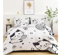LLSZAHD Chat De Dessin Animé Couette 220x240 cm Chats DessinéS à La Main Edredon 2 Personne et Couettes pour Lit sans Housse 4 Saisons Lavable, Doux et Confortable, RéVersible 2 Taies d'oreiller