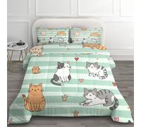 LLSZAHD Chat Vert Menthe Couette 200x220 cm Animaux Mignons Edredon 2 Personne et Couettes pour Lit sans Housse 4 Saisons Lavable, Doux et Confortable, RéVersible 2 Taies d'oreiller