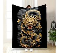 LLSZAHD Couverture Polaire Dragon Chinois - Noir et Or Plaid Chaud et Doux 200x200 cm pour Lit Double, Canapé ou Chambre - Idéale pour Hiver et Salon