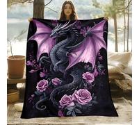 LLSZAHD Couverture Polaire Dragon Occidental Noir - Roses Violettes Plaid Chaud 220x240 cm pour Grand Lit, Canapé d’Angle ou Chambre - Plaid Automne Canapé