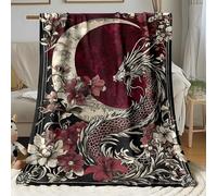 LLSZAHD Couverture Polaire Esthétique Rétro - Dragon, Lune et Fleurs Plaid Chaud et Doux 200x200 cm pour Lit Double, Canapé ou Chambre - Idéale pour Hiver et Salon