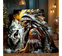 LLSZAHD Couverture Polaire Guerrier Amérindien - Loup Plaid Chaud 220x240 cm pour Grand Lit, Canapé d’Angle ou Chambre - Plaid Automne Canapé