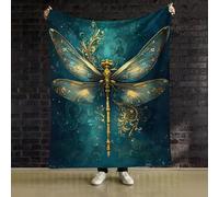 LLSZAHD Couverture Polaire Libellule Dorée - Bleu Turquoise Luxueux Plaid Chaud et Doux 220x260 cm pour Lit King, Canapé Familial ou Chambre - Grand Plaid XXL Canapé