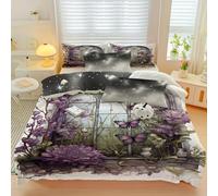 LLSZAHD Housse de Couette 200 x 200 cm Fleurs Violettes et Papillons, Parure de Lit Vert Microfibre Sets de Housse de Couette Adulte 3 pièces Ensemble avec 2 Taies d'oreiller pour 2 Personne