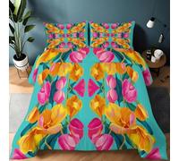 LLSZAHD Tulipe Couette 200x200 cm Jaune et Rose Edredon 2 Personne et Couettes pour Lit sans Housse 4 Saisons Lavable, Doux et Confortable, RéVersible 2 Taies d'oreiller