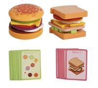 LLTCMYGS Ensemble de Nourriture en Bois pour Jeu de Simulation, Jouet Montessori d'empilage de Burgers et Sandwiches avec Menu et Cartes de Formule