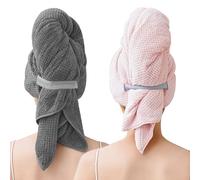 LLTLGF Lot de 2 grandes serviettes en microfibre pour cheveux longs - 103 x 60 cm - Turban de qualité supérieure avec bande élastique - Séchage rapide - Super absorbantes - Design gaufré - Pour