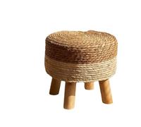lluoqian Living Room Tabouret Bas Rond en Bois Massif et Paille tressée de Style Pastoral - for Changer Les Chaussures(Style 2)