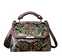 lluoqian Soft Sac bandoulière en cuir pleine fleur for femme - Sac à main rétro ethnique en relief, style vintage(Green)