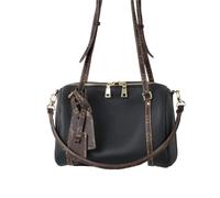 lluoqian Soft Sac Boston rétro en cuir pleine fleur - Grand sac bandoulière bowling for femme, style vintage(Black1)