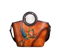 lluoqian Soft Sac seau en cuir pleine fleur for femme - Sac à main et à bandoulière rétro en relief peint à la main(Orange color)