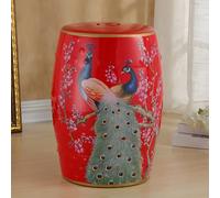 LLYLAFDC Tabouret de Jardin en céramique, Tabouret en Porcelaine en Forme de Tambour à Motifs de Paon et de Fleurs, Table d'appoint décorative et Pouf pour Salon, Chambre, terrasse, entrée(Rosso)