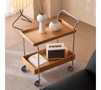 LLZCJXGS Chariot de Rangement a Deux Étages en Bois Massif Table D'appoint Pivotante a 360° pour Canapé Table de Chevet a roulettes Verrouillables Support en Acier Inoxydable(Cherry Wood)