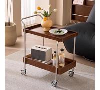 LLZCJXGS Chariot de Rangement a Deux Étages en Bois Massif Table D'appoint Pivotante a 360° pour Canapé Table de Chevet a roulettes Verrouillables Support en Acier Inoxydable(Walnut)