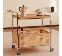 LLZCJXGS Table D'appoint a Deux Étages sur roulettes avec Panier de Rangement en Rotin Table D'appoint Mobile a roulettes Chariot de Rangement avec Poignée(Cherry)