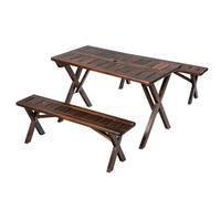LLZJDDPLY Table de Pique-Nique Pliable avec 2 Bancs, Table de Patio en Bois Carbonisé avec Trou Parasol, Ensemble de Salle à Manger Extérieur Portable, Marron