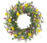 LLZLL Couronne de Printemps pour Porte d'entrée de 61 cm avec Feuille d'eucalyptus, Tournesol, forsythia, Lavande, Marguerite, Couronne d'été Artificielle pour intérieur et extérieur, décoration