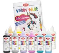 LM-Kreativ Set Window Color Licorne Pailletée - 11 couleurs + 1 contour 80 ml, livret 35 motifs, peinture à base d’eau, repositionnable