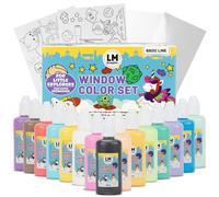 LM-Kreativ Window Color - Petits Explorateurs, 15 Peintures Repositionnables Effet Vitrail (60 ml chacune), Contour Noir Inclus, 14 Modèles pour Fenêtres et Surfaces Lisses